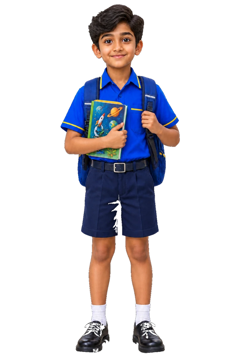Aarav beginning Standard 5 in his junior Kerala school uniform with shorts, backpack, and science book